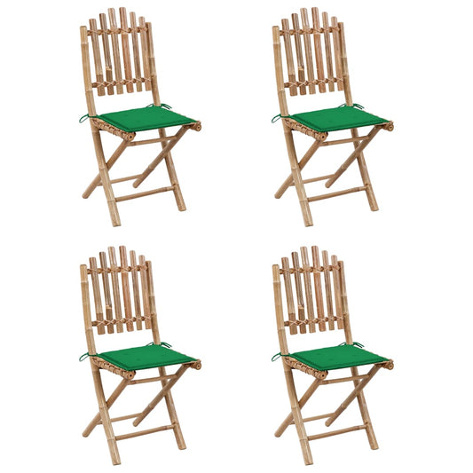 Patio Dining Set Set of 4 Natural bamboo, Green cushion