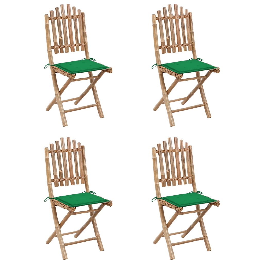 Patio Dining Set Set of 4 Natural bamboo, Green cushion