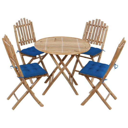 Patio Dining Set Set of 4 Bamboo color, Blue cushions