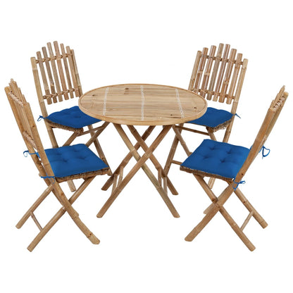 Patio Dining Set Set of 4 Bamboo color, Blue cushions