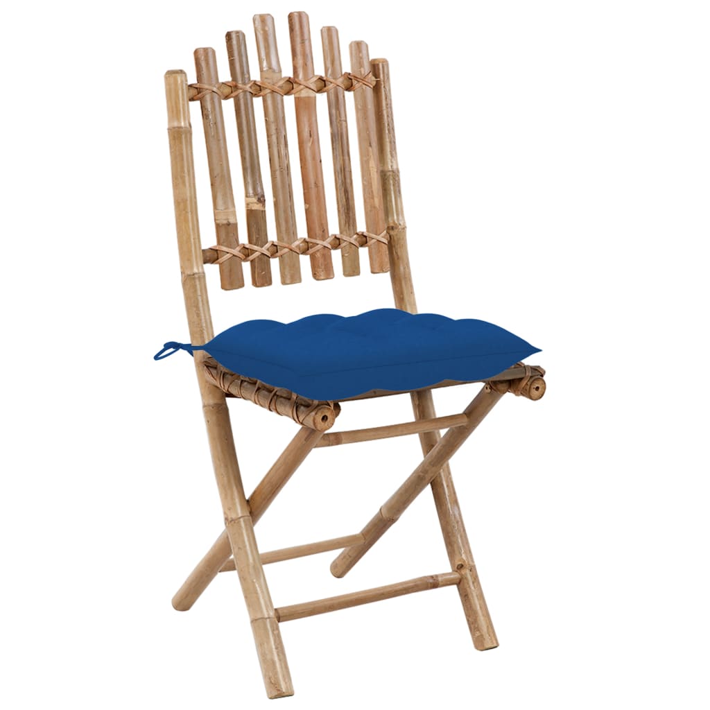 Patio Dining Set Set of 4 Bamboo color, Blue cushions