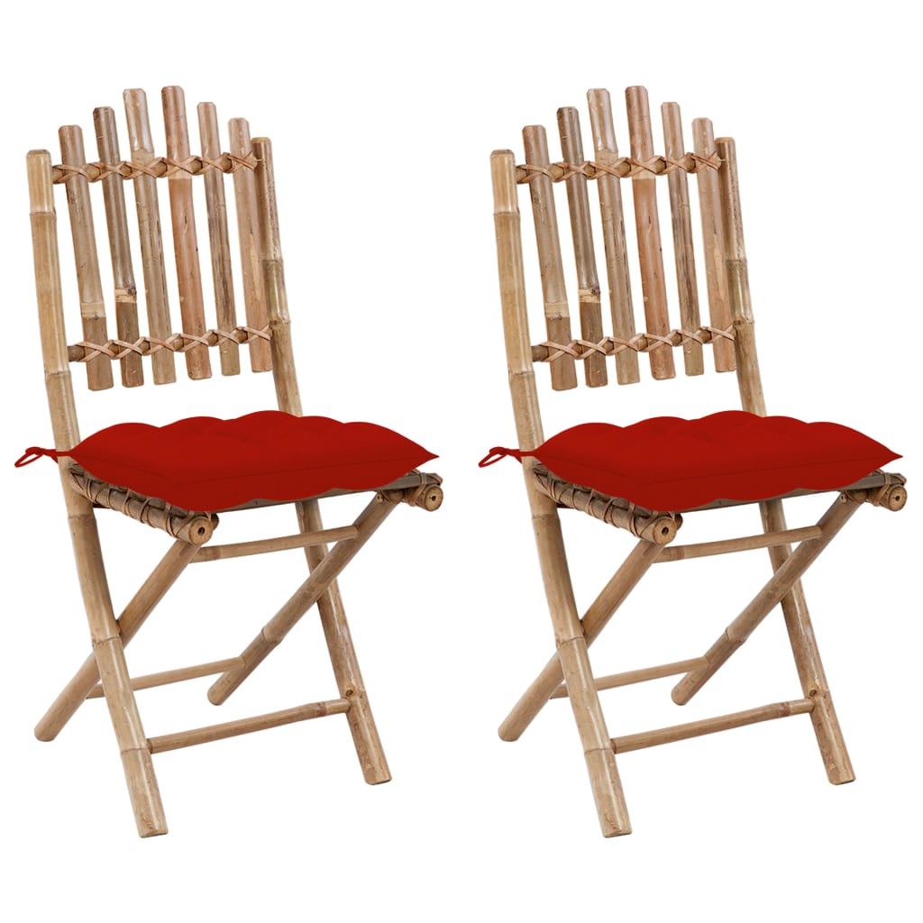 Patio Chair Set of 2 Natural Bamboo, Red Cushion Bamboo, Polyester