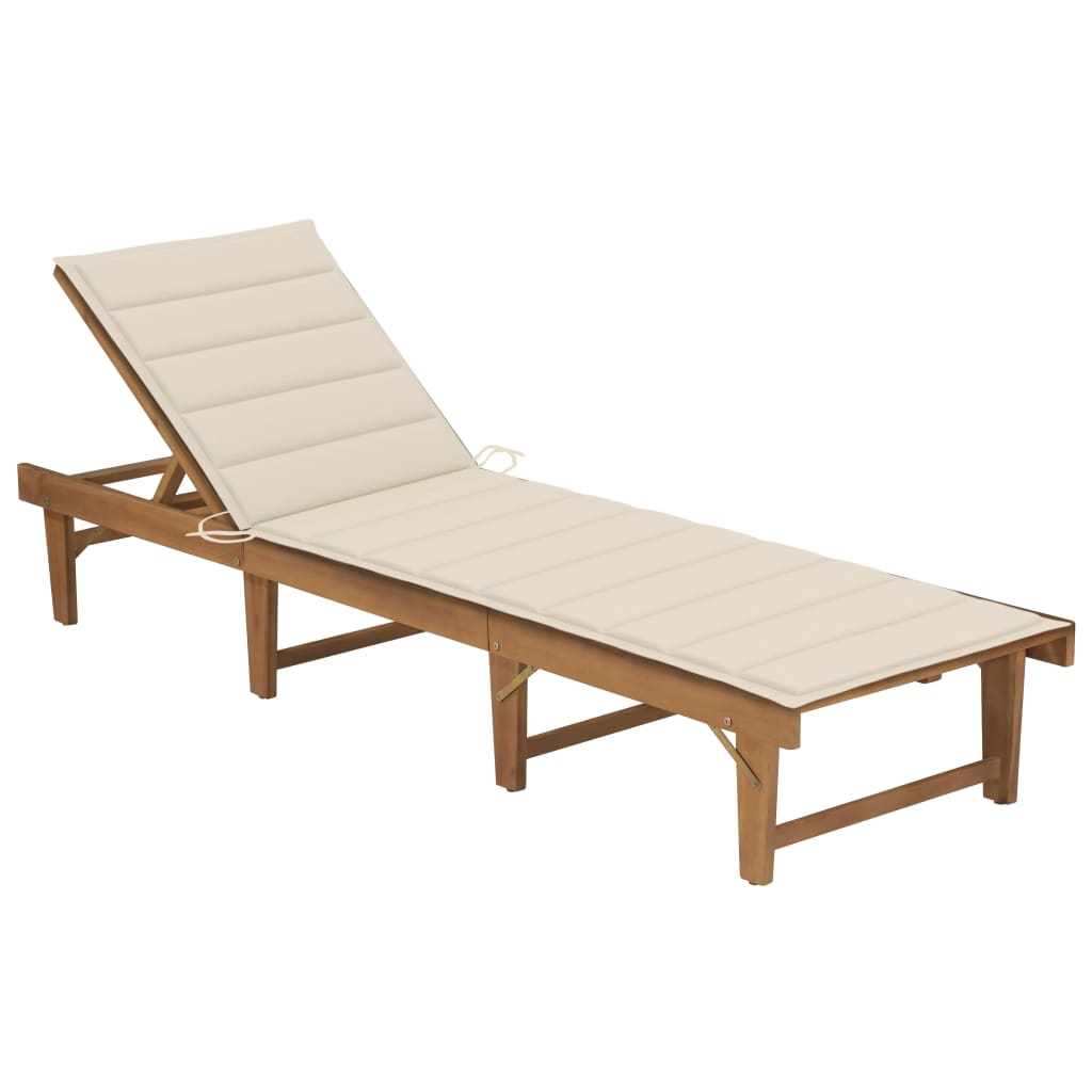 Sun Lounger Cream & Natural Wood Solid Acacia wood 78.7 in length