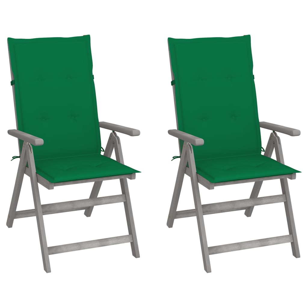 Garden Chair Set of 2 Grey wash, Green cushion Solid acacia wood