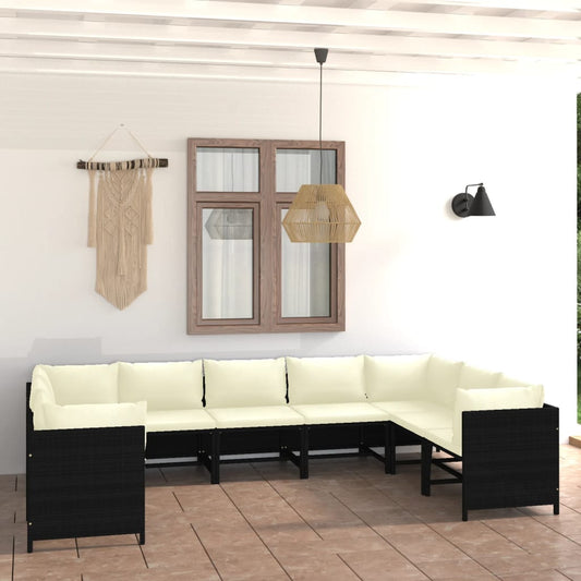 9 Piece Patio Lounge Set with Cushions Poly Rattan Black