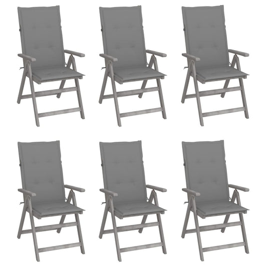 Garden Chair Set of 6 Grey Solid Acacia Wood, 100% Polyester