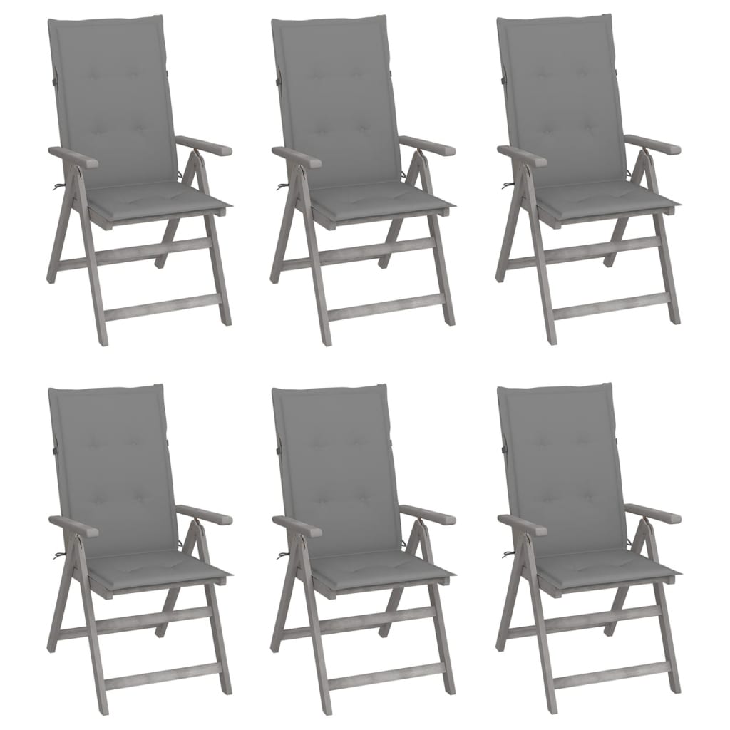Garden Chair Set of 6 Grey Solid Acacia Wood, 100% Polyester