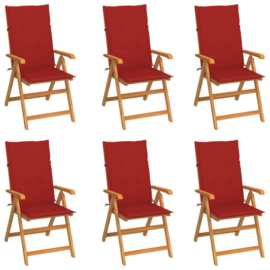 Patio Chair Set of 6 Teak and Red Solid Teak Wood and Fabric