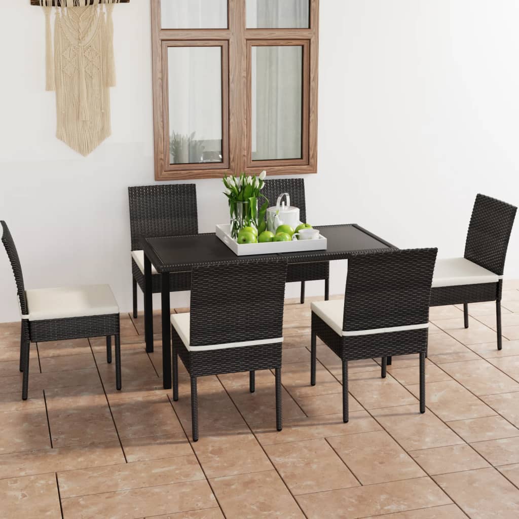 Dining Set Black Poly rattan, powder-coated steel, glass
