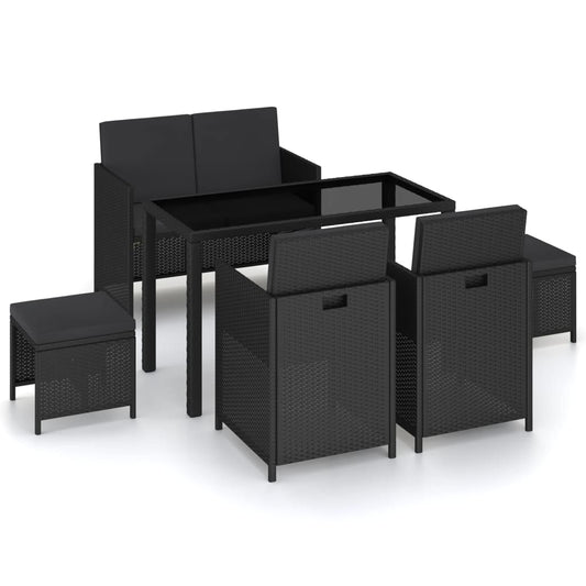 Patio Dining Set Set of 6 Black Poly Rattan 6-Piece Set