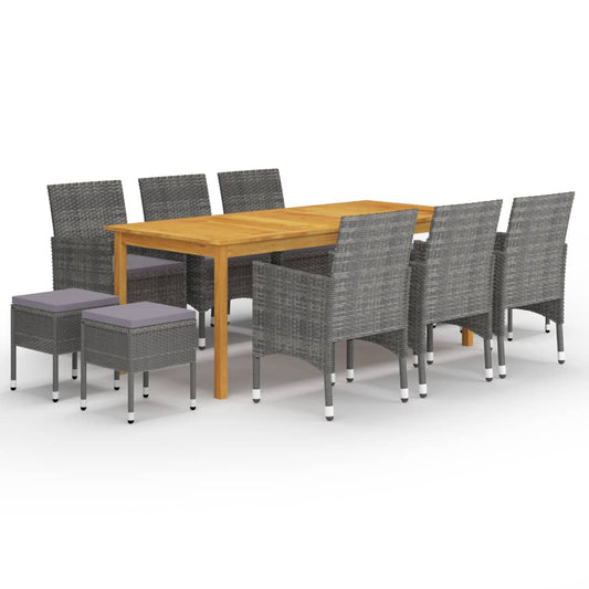 Dining Set Grey Solid acacia wood, Powder-coated steel, PE rattan