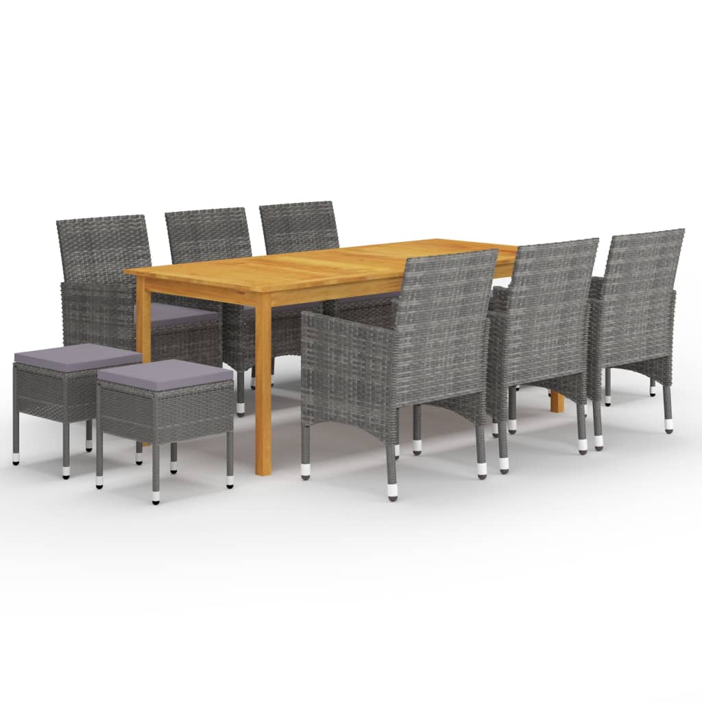 Dining Set Grey Solid acacia wood, Powder-coated steel, PE rattan