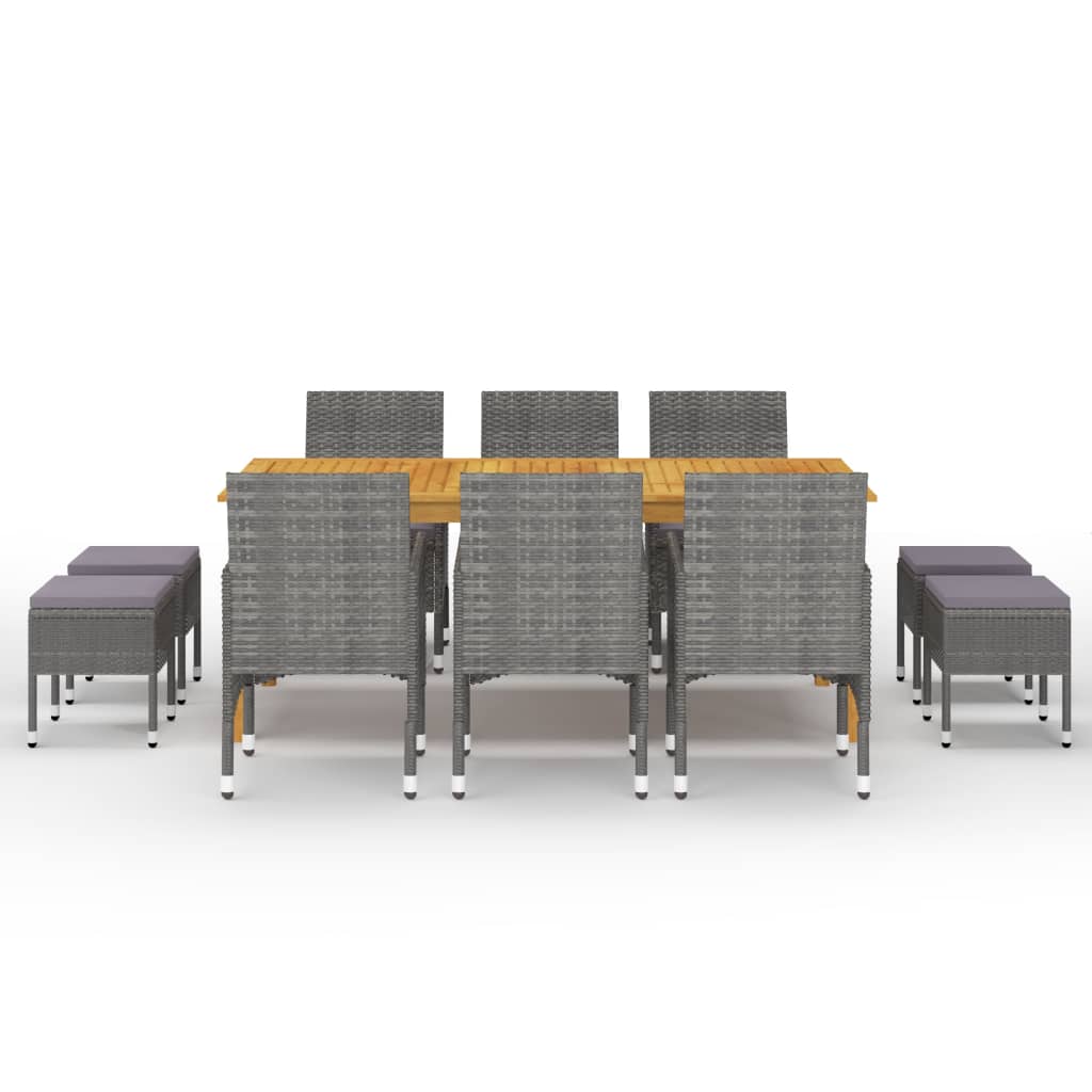 Dining Set Grey Solid acacia wood, Powder-coated steel, PE rattan
