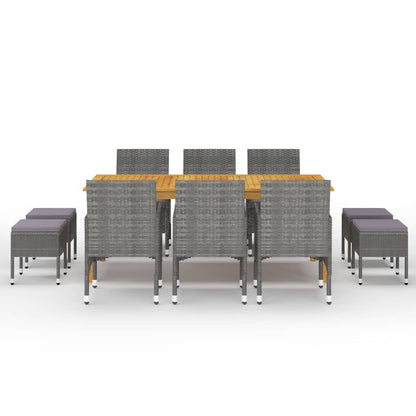 Dining Set Grey Solid acacia wood, Powder-coated steel, PE rattan