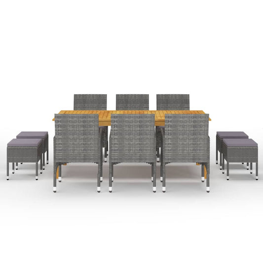 Dining Set Grey Solid acacia wood, Powder-coated steel, PE rattan