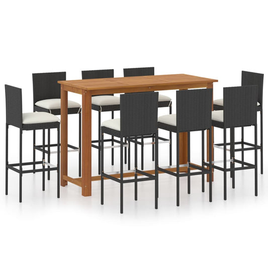 Garden Bar Set Black, Table - Natural Wood