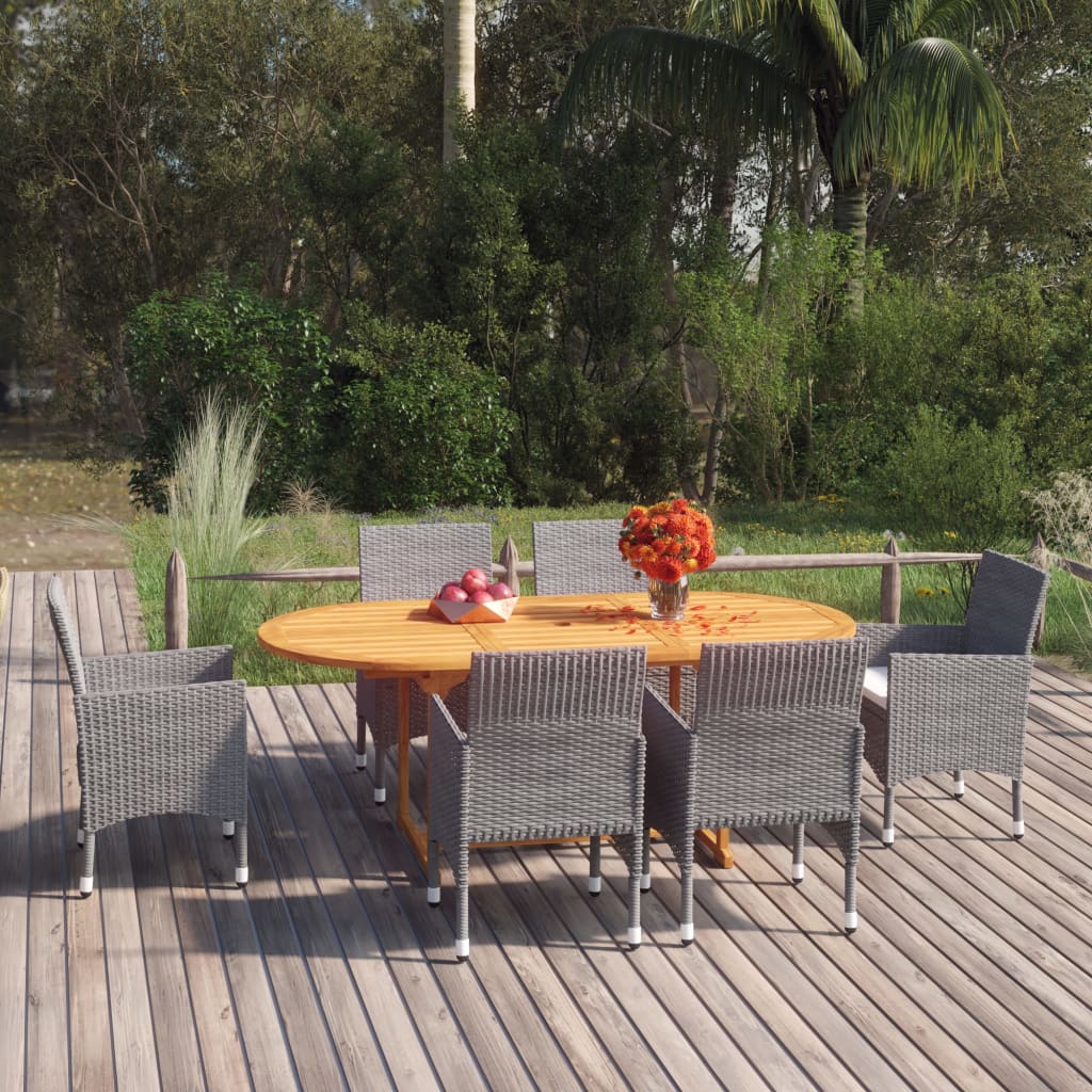 Dining Set Grey Solid Acacia wood, PE Rattan Standard Durable