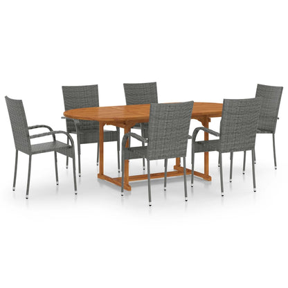 Dining Set Grey Solid acacia wood, PE rattan, Powder-coated steel