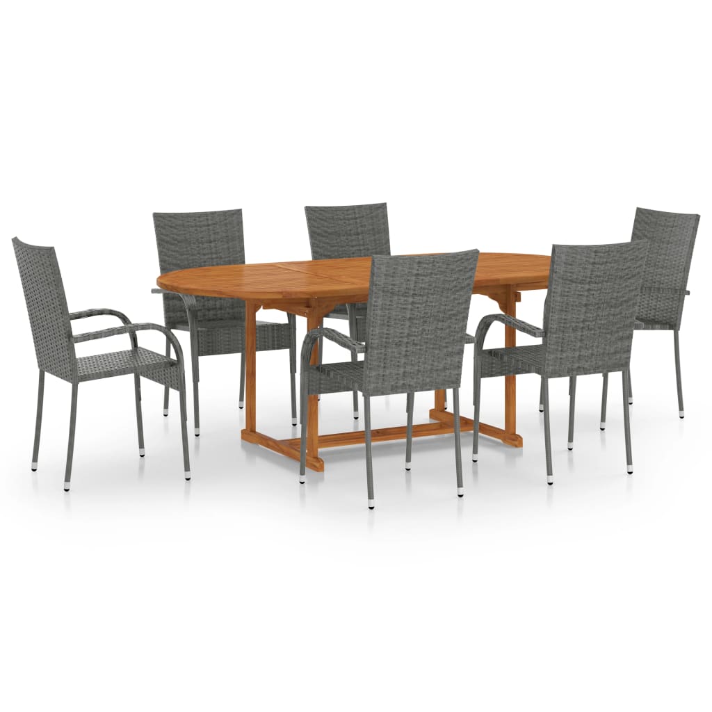 Dining Set Grey Solid acacia wood, PE rattan, Powder-coated steel