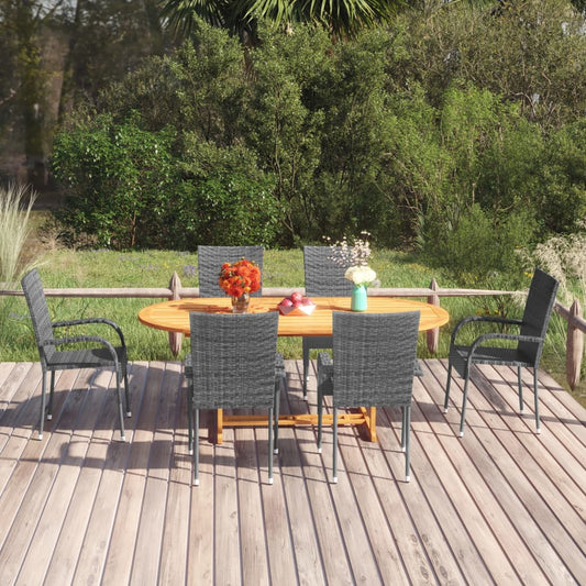 Dining Set Grey Solid acacia wood, PE rattan, Powder-coated steel