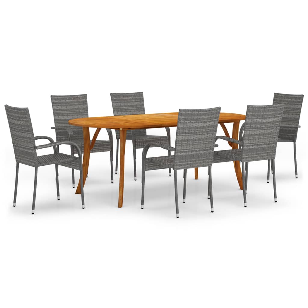 Dining Set Grey Solid acacia wood, PE rattan, powder-coated steel