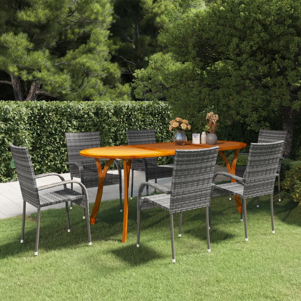 Dining Set Grey Solid acacia wood, PE rattan, powder-coated steel