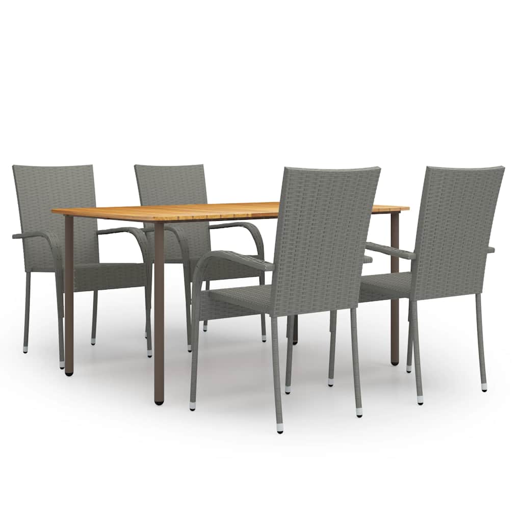 Dining Set Grey, Natural Solid Acacia Wood, PE Rattan, Steel Large