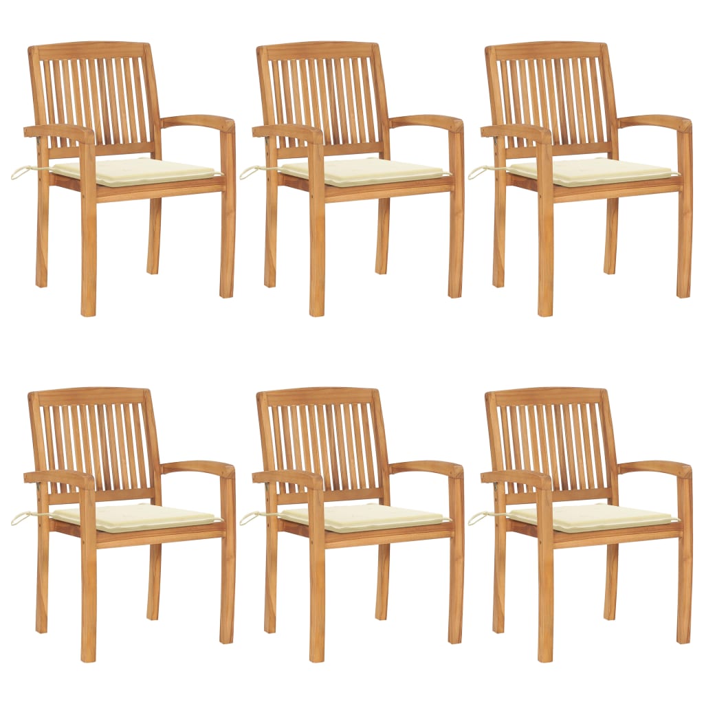 Stacking Patio Chairs with Cushions 6 pcs Solid Teak Wood