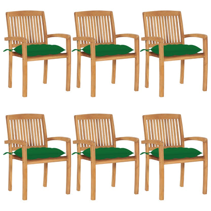 Patio Chair Set of 6 Natural Teak, Green Solid Teak Wood, Polyester
