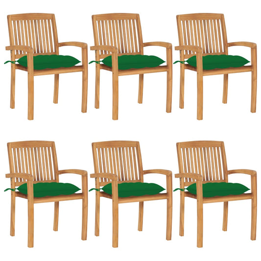 Patio Chair Set of 6 Natural Teak, Green Solid Teak Wood, Polyester
