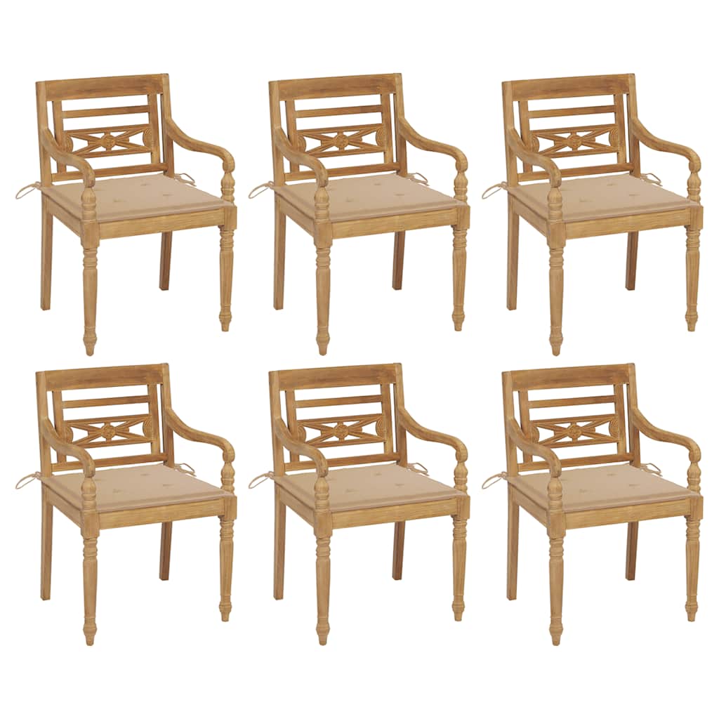 Batavia Chair Set of 6 Teak Wood, Beige Fine sanded teak hardwood