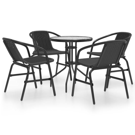 Garden Dining Set Black Steel, tempered glass, plastic rattan
