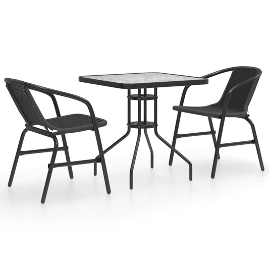 Garden Dining Set Black Steel, Tempered Glass, Plastic Rattan