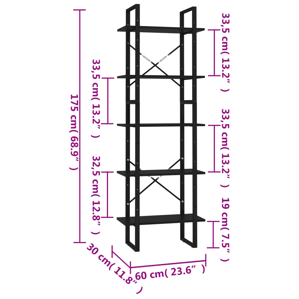 5-Tier Book Cabinet Black 23.6"x11.8"x68.9" Engineered Wood