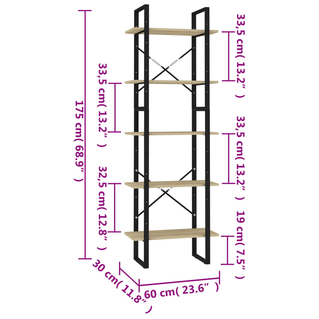 5-Tier Book Cabinet Sonoma Oak 23.6"x11.8"x68.9" Engineered Wood