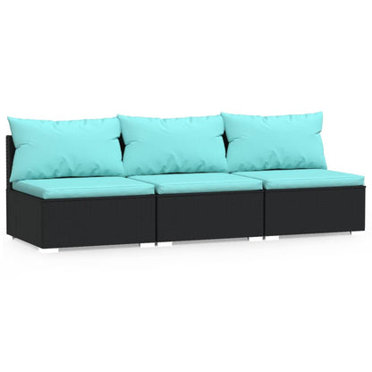 3-seater Sofa Black PE Rattan, Powder-Coated Steel, Plastic