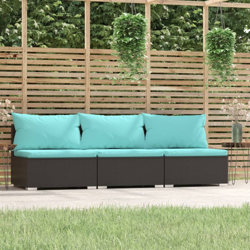3-seater Sofa Black PE Rattan, Powder-Coated Steel, Plastic