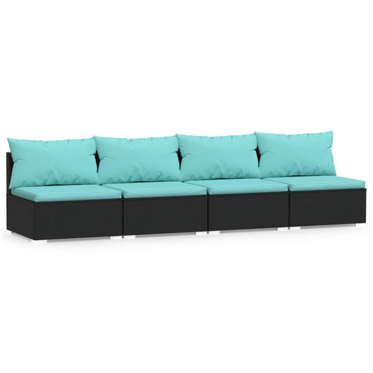 4-seater Sofa Black PE rattan, powder-coated steel, polyester