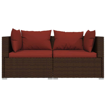 2-seater Sofa Brown Poly Rattan with Cinnamon Red Cushions