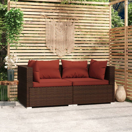 2-seater Sofa Brown Poly Rattan with Cinnamon Red Cushions
