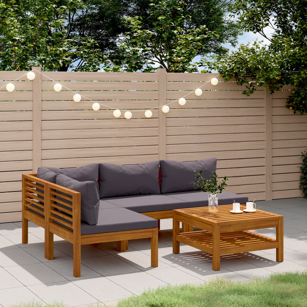 Wooden Lounge Set Dark grey cushions, natural wood frame