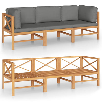 3-seater Garden Sofa Grey Teak Wood, 100% Polyester Large