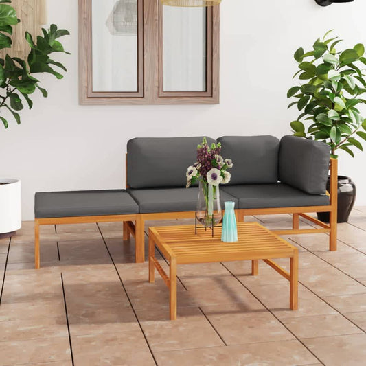 Garden Lounge Set Grey Solid Teak Wood, 100% Polyester 4 Piece Set