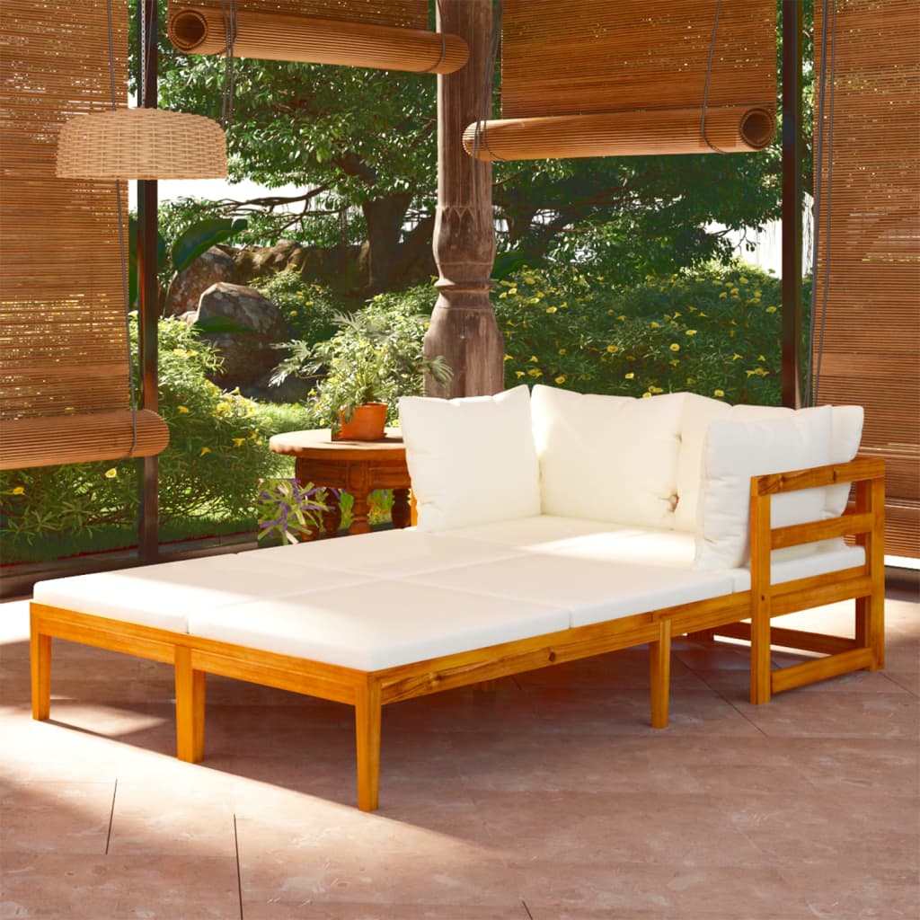 Sun Lounger Cream White Solid acacia wood 2 person Foldable