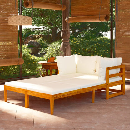 Sun Lounger Cream White Solid acacia wood 2 person Foldable
