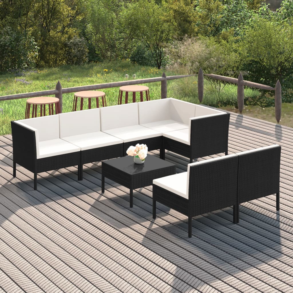 Garden Lounge Set Black PE rattan, powder-coated steel, polyester