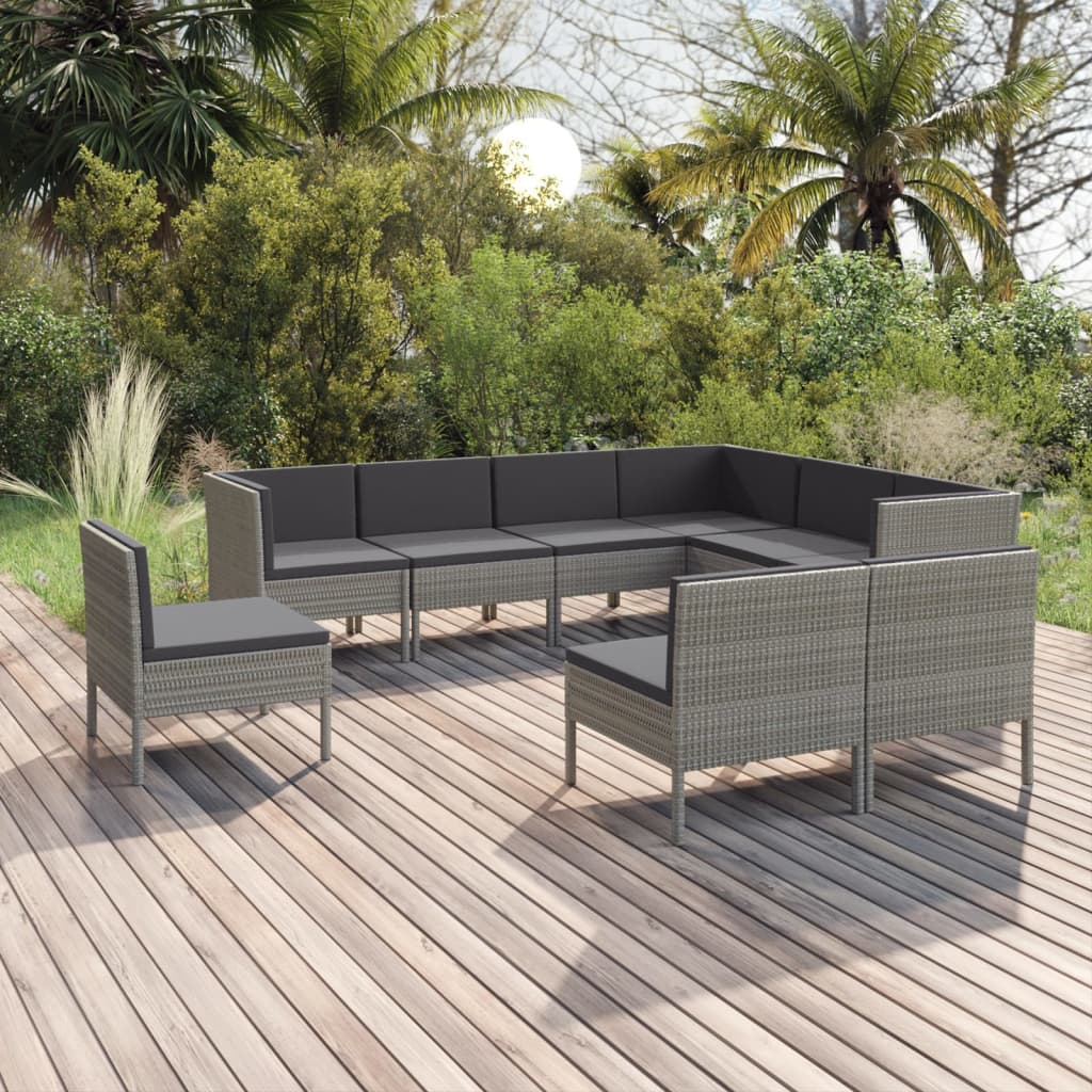 Garden Lounge Set Grey PE rattan, powder-coated steel, 100% polyester