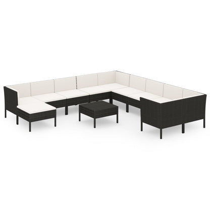 Garden Lounge Set Black PE Rattan, Cream White Cushions