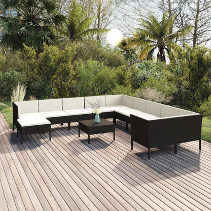Garden Lounge Set Black PE Rattan, Cream White Cushions