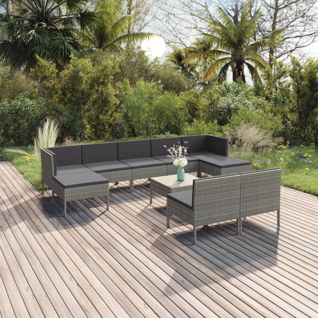 Garden Lounge Set Gray PE Rattan, Powder-Coated Steel, Polyester